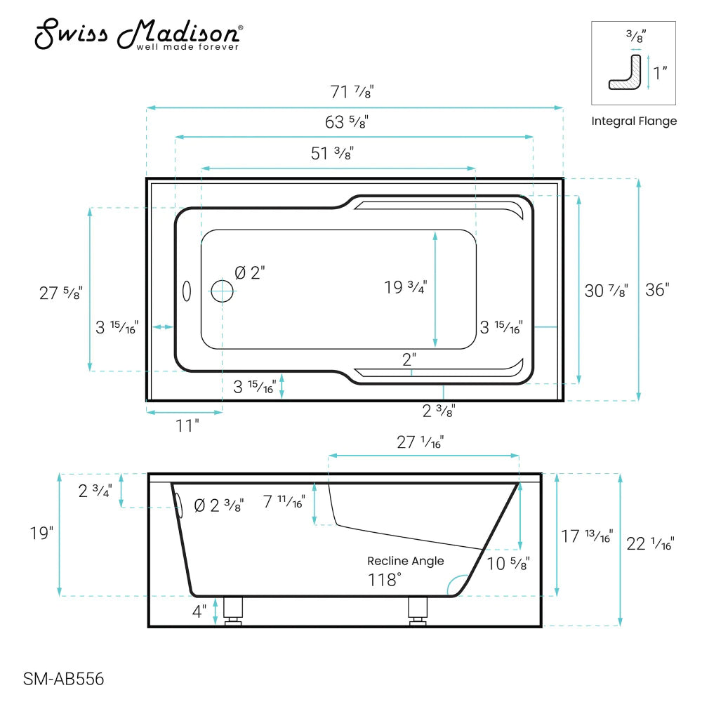Voltaire 72" x 36" Left-Hand Drain Alcove Bathtub with Apron
