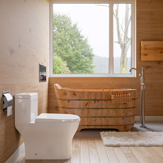 ALFI brand AB1103 59 Inch Free Standing Cedar Wood Bathtub with Bench