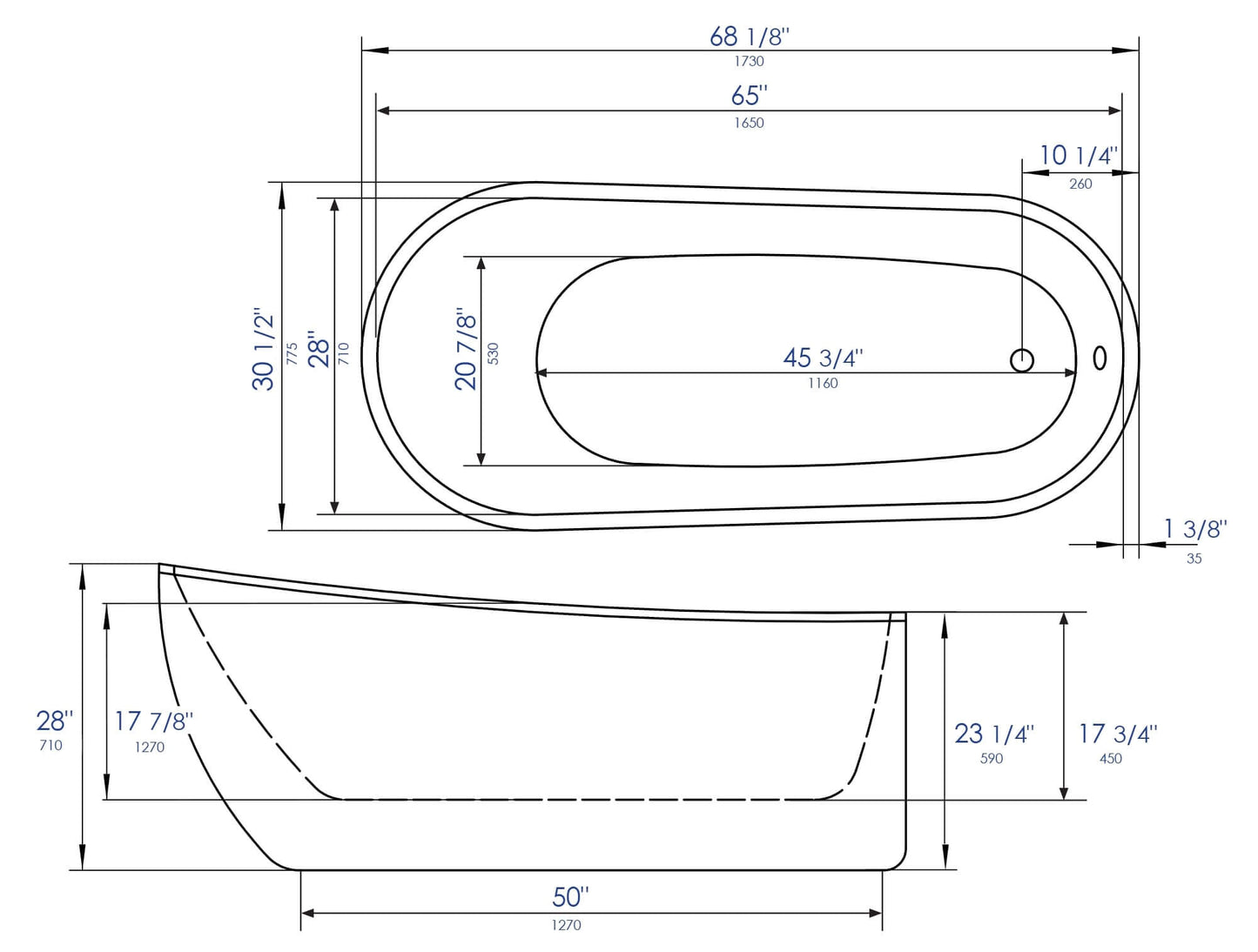 ALFI brand AB8826 68 Inch White Oval Acrylic Free Standing Soaking Bathtub