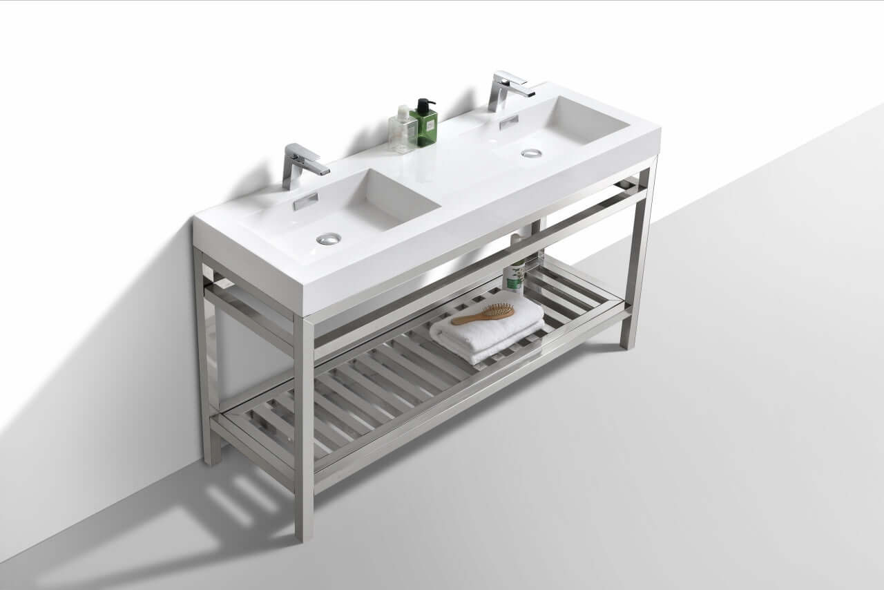 Cisco 60" double sink stainless steel console with acrylic sink and chrome fixtures in a modern bathroom setting.