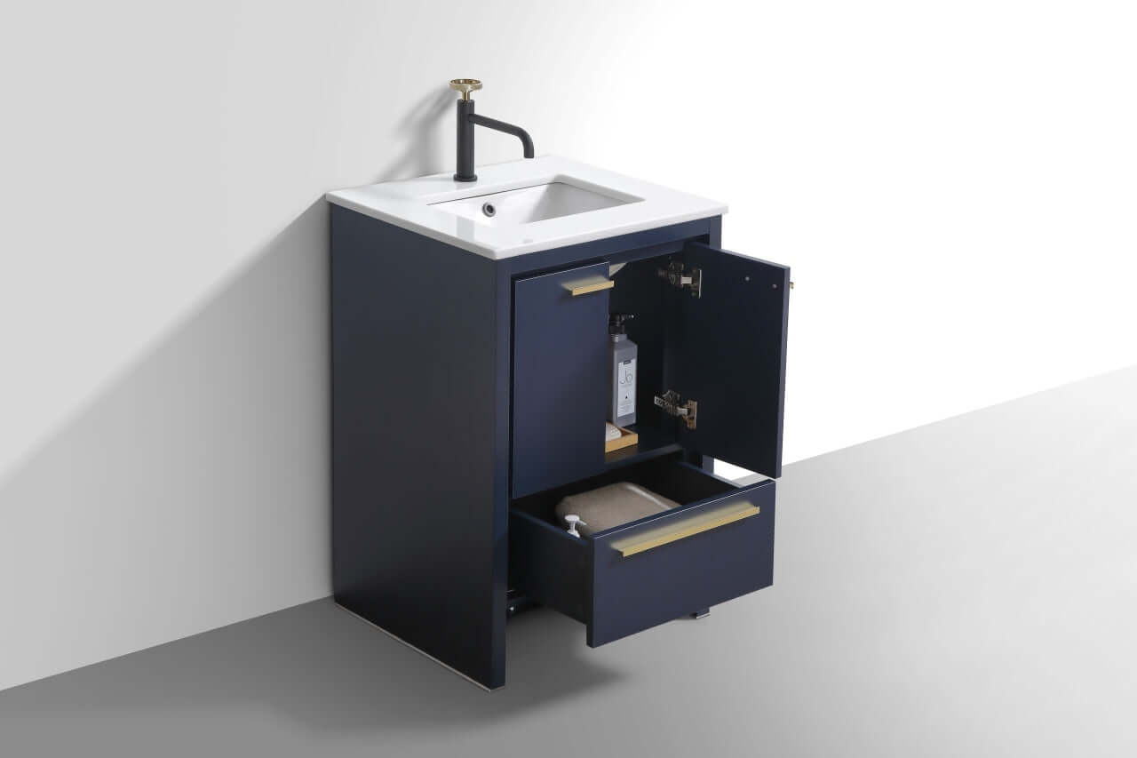 KubeBath Dolce 24″ Blue Modern Bathroom Vanity with White Quartz Counter-Top