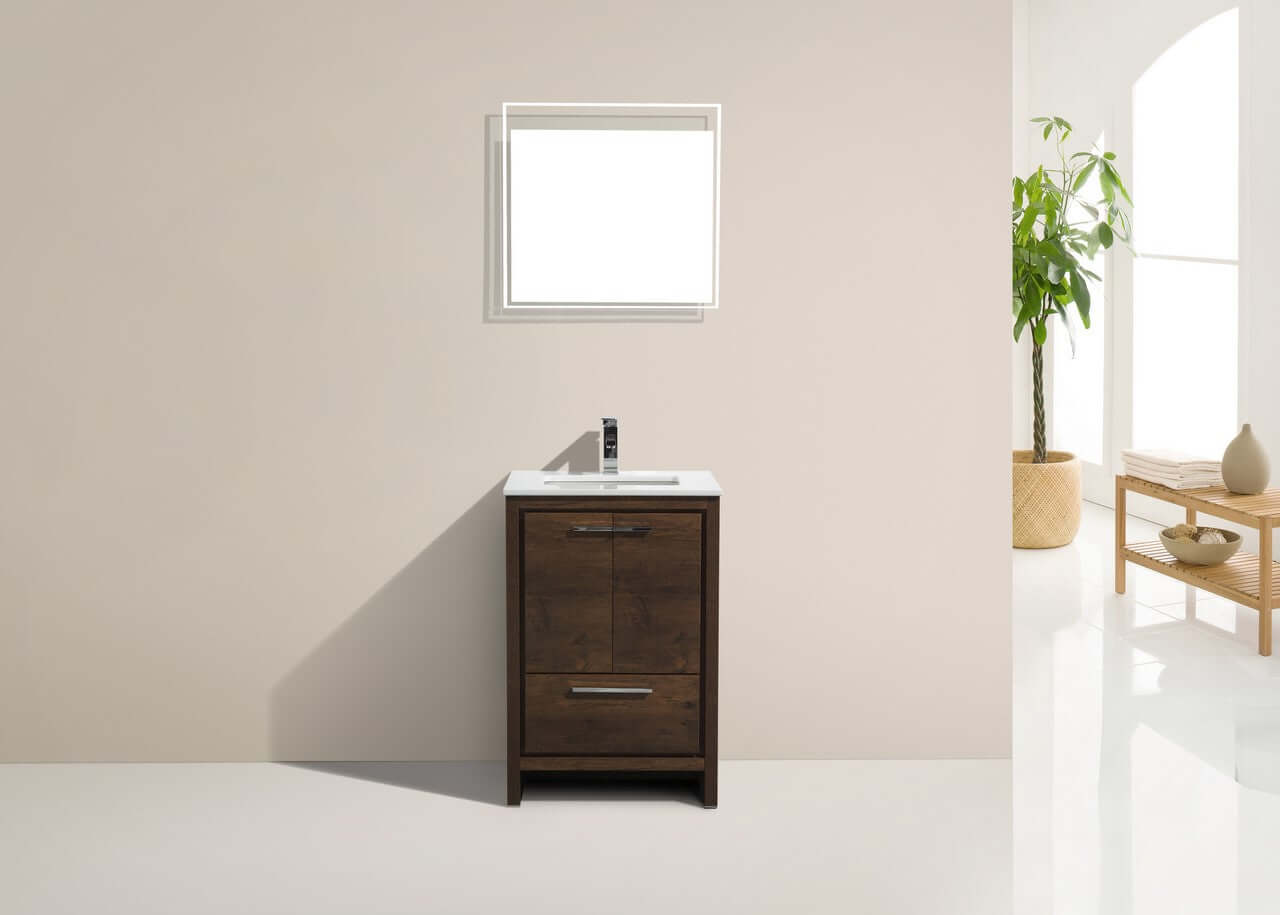 KubeBath Dolce 24″ Rose Wood Modern Bathroom Vanity with White Quartz Counter-Top