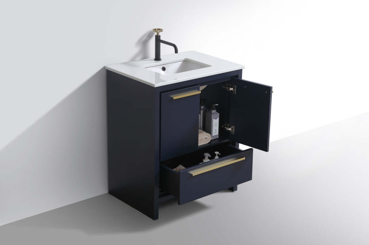 KubeBath Dolce 30″ Blue Modern Bathroom Vanity with White Quartz Counter-Top