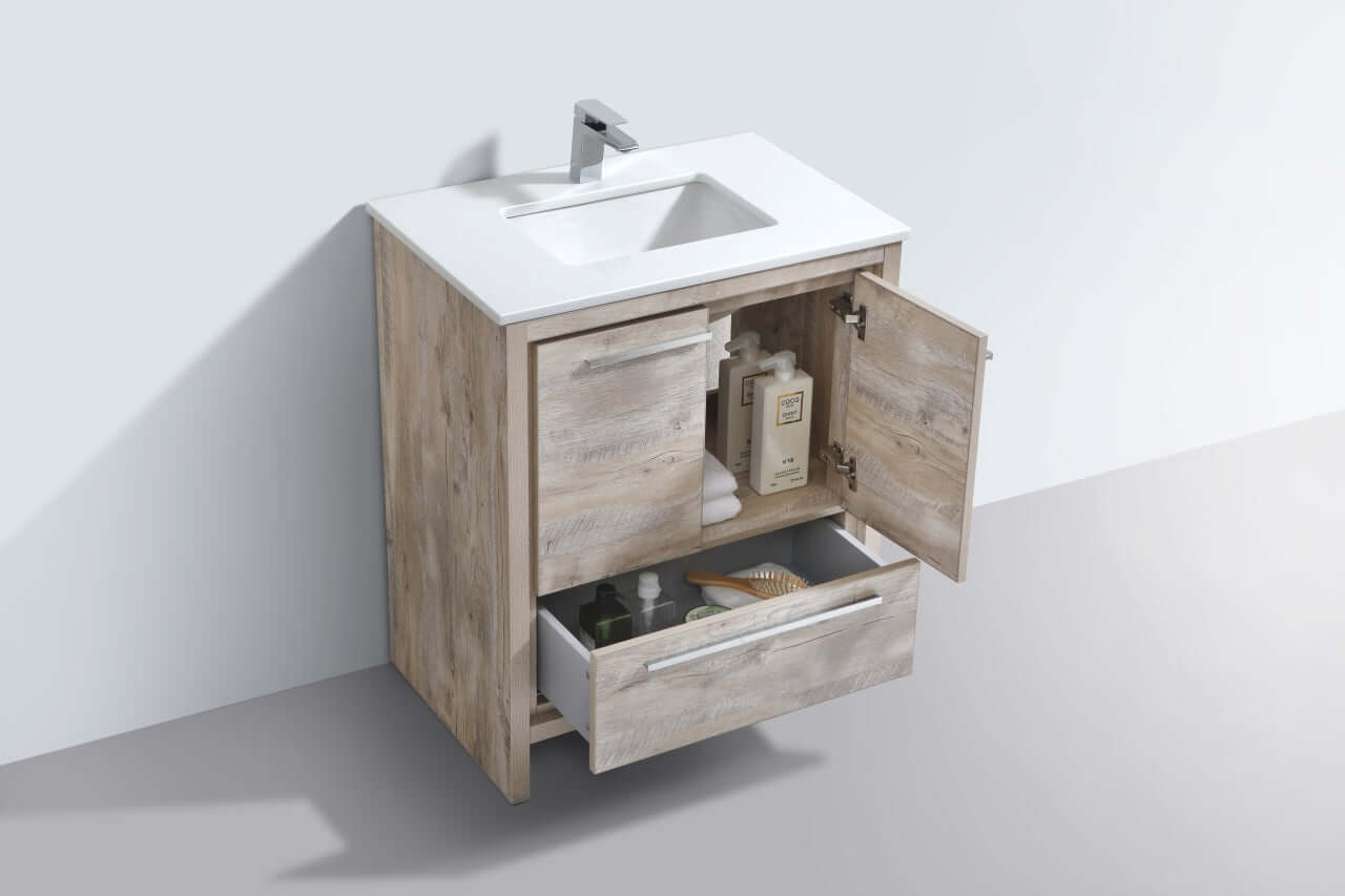 KubeBath Dolce 30″ Nature Wood Modern Bathroom Vanity with White Quartz Counter-Top