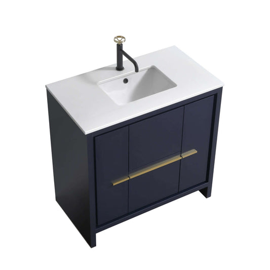 KubeBath Dolce 36″ Blue Modern Bathroom Vanity with White Quartz Counter-Top