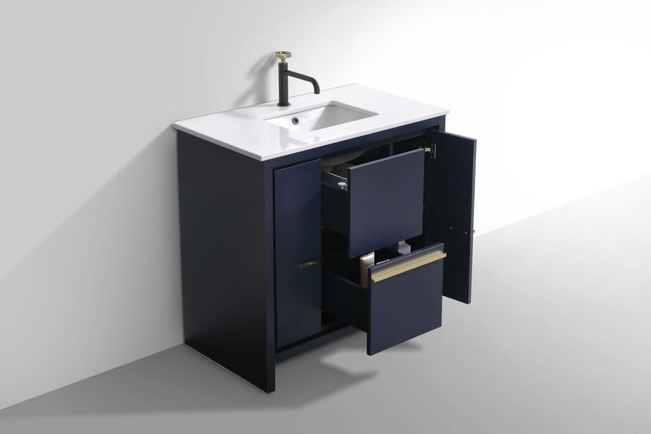 KubeBath Dolce 36″ Blue Modern Bathroom Vanity with White Quartz Counter-Top