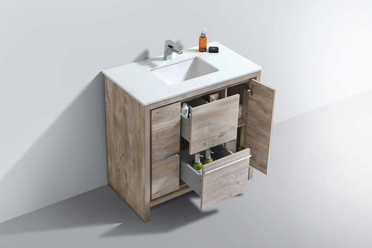 KubeBath Dolce 36″ Nature Wood Modern Bathroom Vanity with White Quartz Countertop, two doors, and one drawer open.