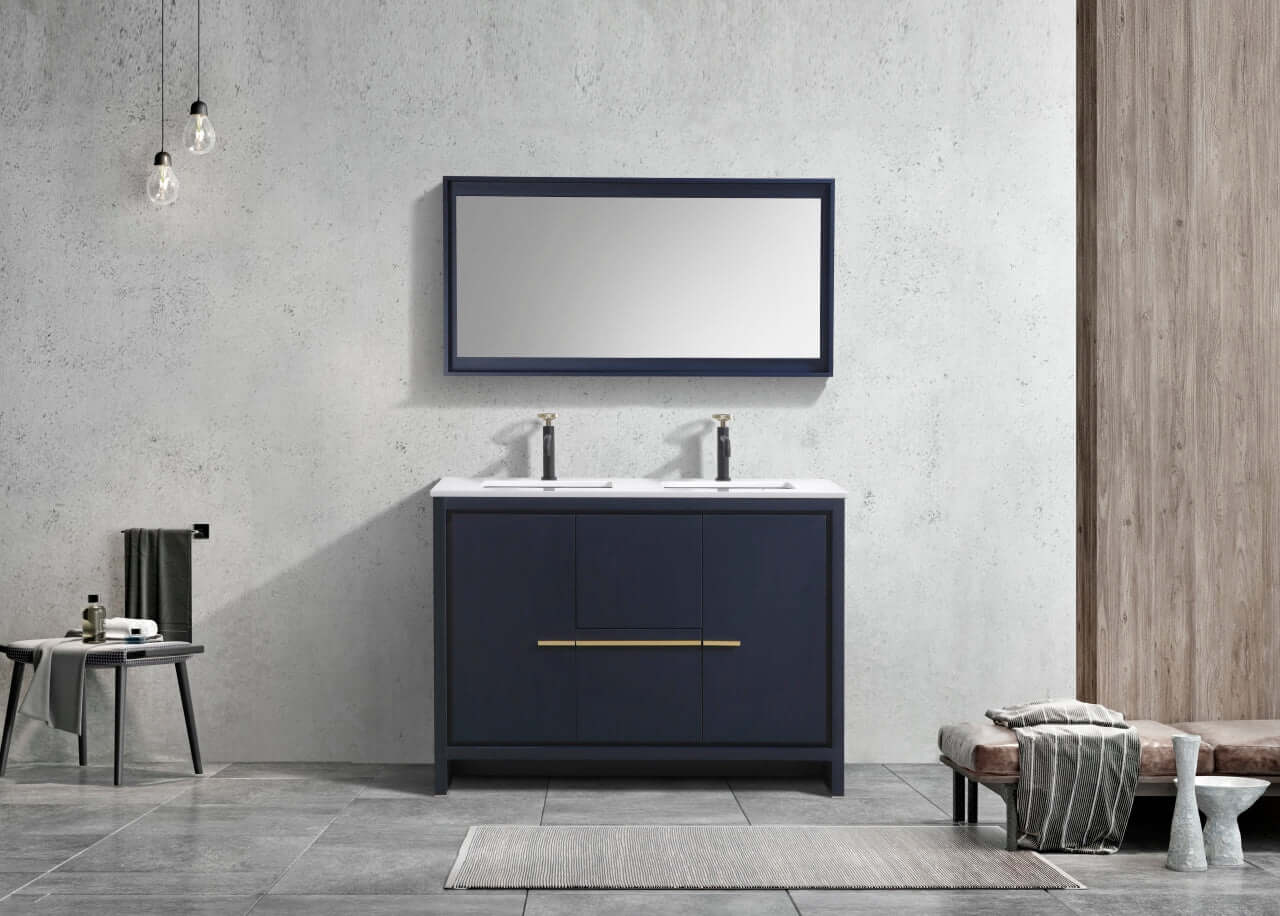 KubeBath Dolce 48″ Double Sink Blue Modern Bathroom Vanity with White Quartz Counter-Top