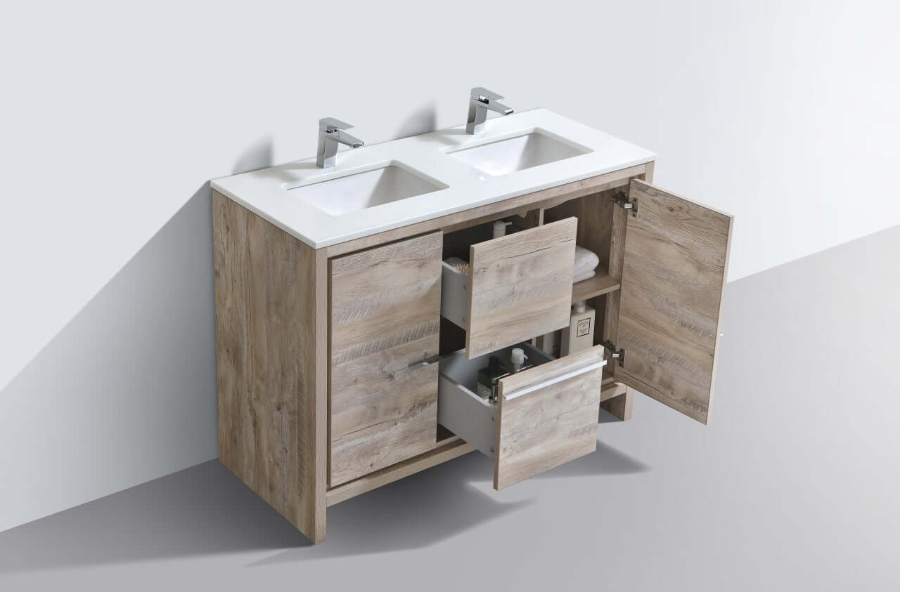 KubeBath Dolce 48″ Double Sink Nature Wood Modern Bathroom Vanity with White Quartz Counter-Top