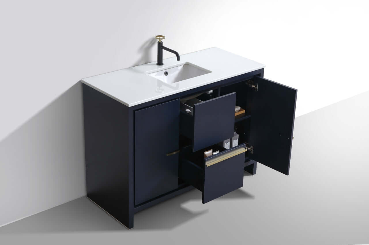 KubeBath Dolce 48″ Blue Modern Bathroom Vanity with White Quartz Counter-Top