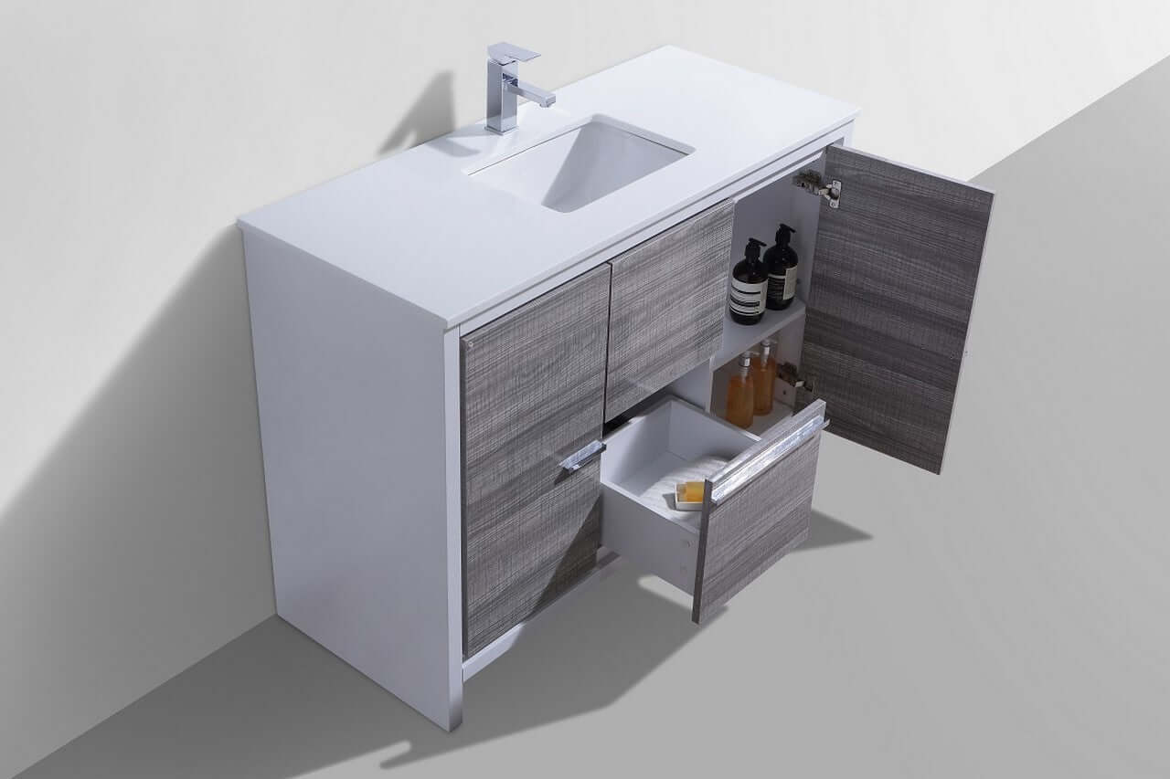 KubeBath Dolce 48″ Ash Gray Modern Bathroom Vanity with White Quartz Counter-Top
