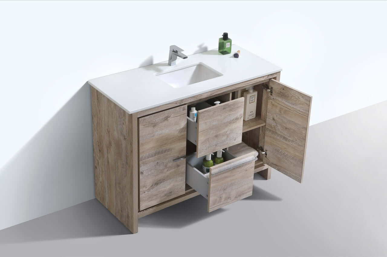 KubeBath Dolce 48″ Nature Wood Modern Bathroom Vanity with White Quartz Counter-Top