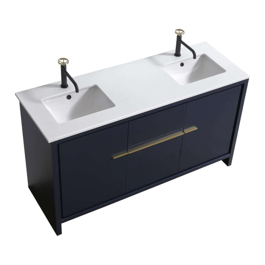 KubeBath Dolce 60″ Double Sink Blue Modern Bathroom Vanity with White Quartz Counter-Top