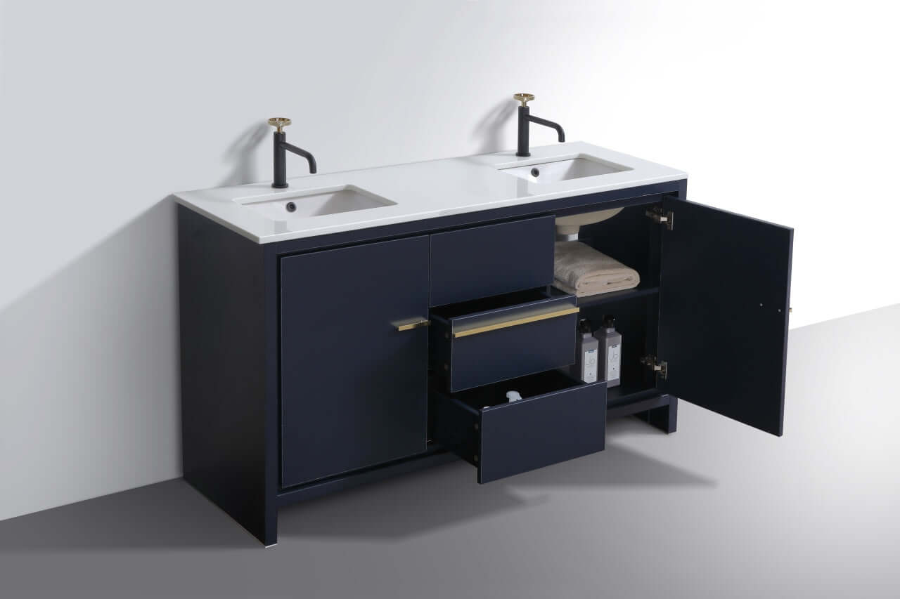 KubeBath Dolce 60″ Double Sink Blue Modern Bathroom Vanity with White Quartz Counter-Top