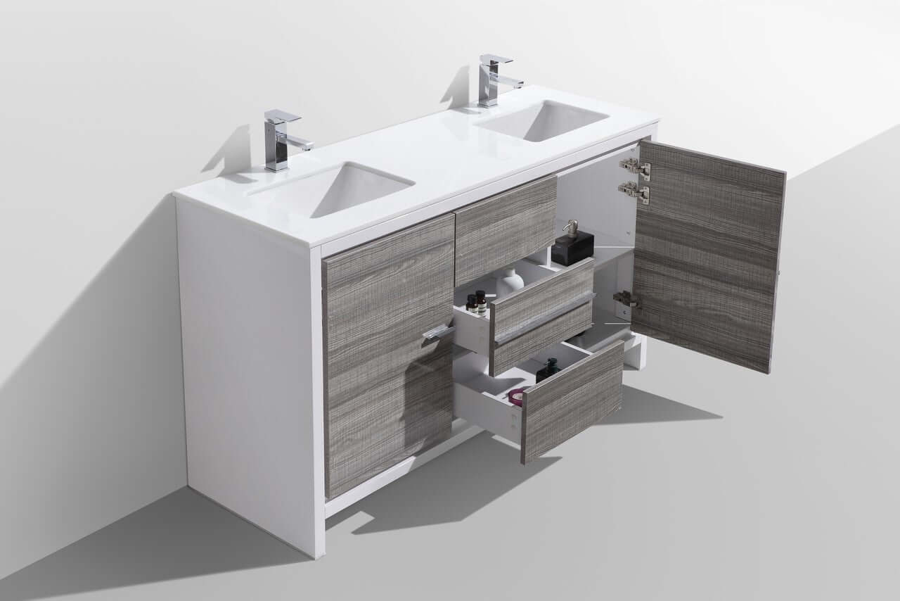 KubeBath Dolce 60″ Double Sink Ash Gray Modern Bathroom Vanity with White Quartz Counter-Top