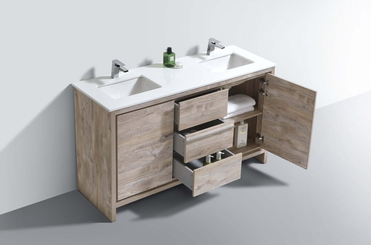 KubeBath Dolce 60″ Double Sink Nature Wood Modern Bathroom Vanity with White Quartz Counter-Top