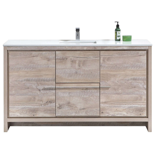 KubeBath Dolce 60″ Nature Wood Modern Bathroom Vanity with White Quartz Counter-Top