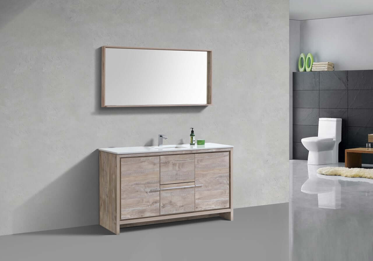 KubeBath Dolce 60″ Nature Wood Modern Bathroom Vanity with White Quartz Counter-Top