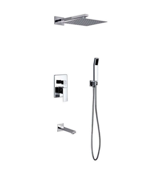 Aqua Piazza brass shower set with 12" square rain shower, handheld and tub filler, showcasing modern luxury and German engineering.