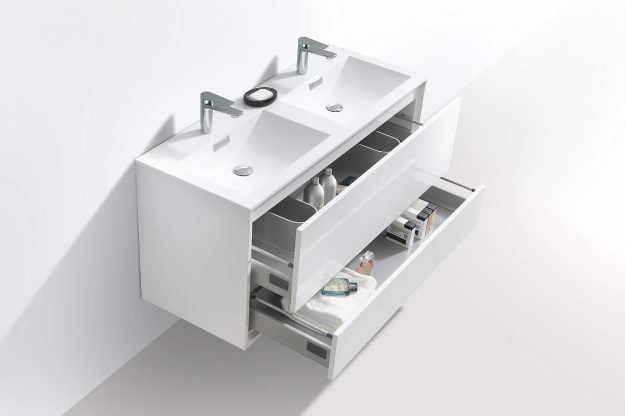DeLusso 48" Double Sink High Glossy White Wall Mount Modern Bathroom Vanity
