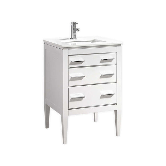 Eiffel 24'' High Gloss White Vanity with Quartz Countertop and Two Functional Drawers Front View