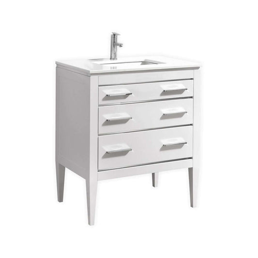 Eiffel 30'' High Gloss White Vanity with Quartz Counter Top and three drawers inspired by Art Deco and European design