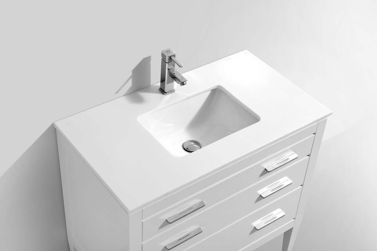 Eiffel 36" High Gloss White Vanity with Quartz Counter Top and functional drawers in a minimalist bathroom design
