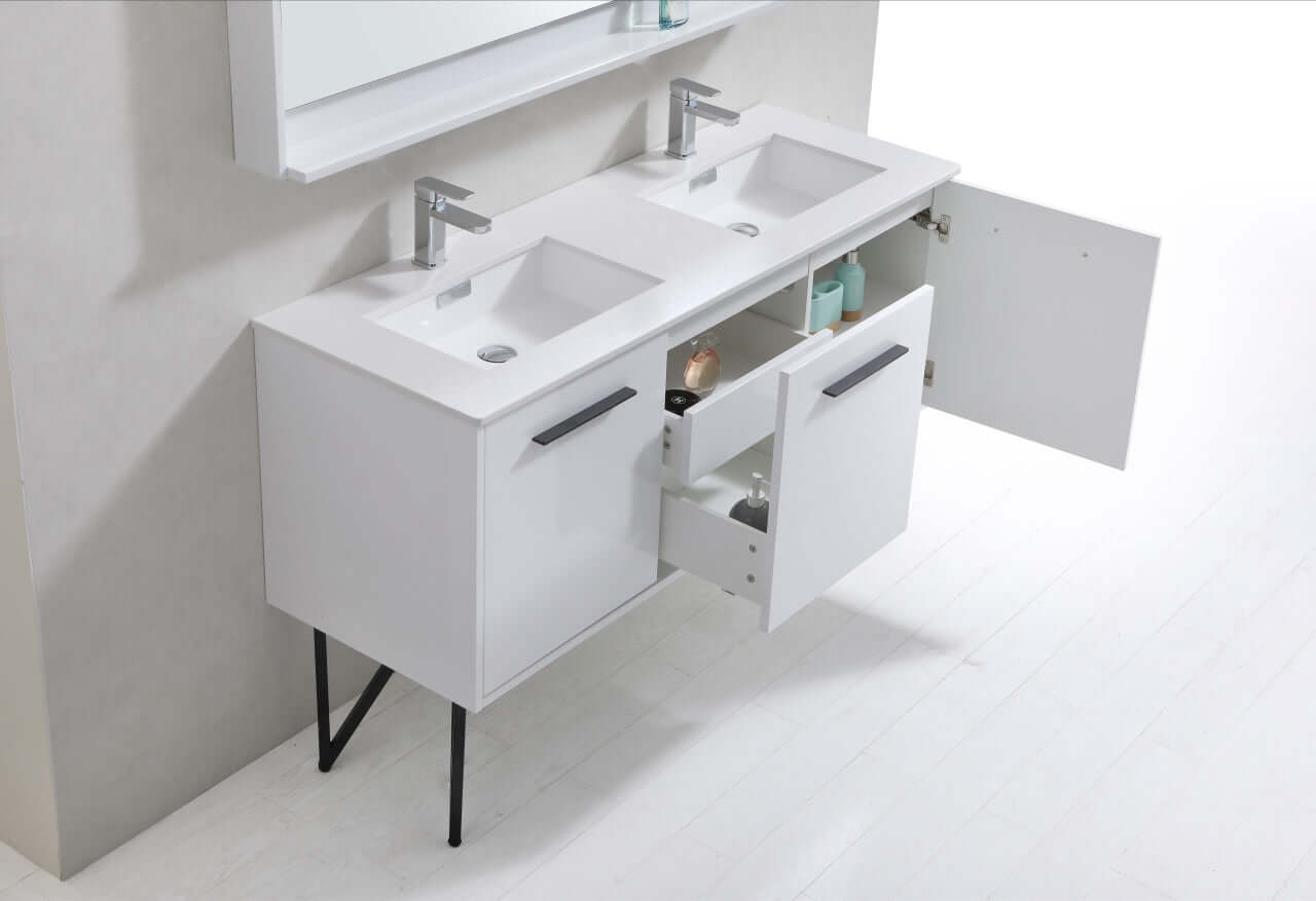 Bosco 60" Double Sink Modern Bathroom Vanity w/ Quartz Countertop and Matching Mirror