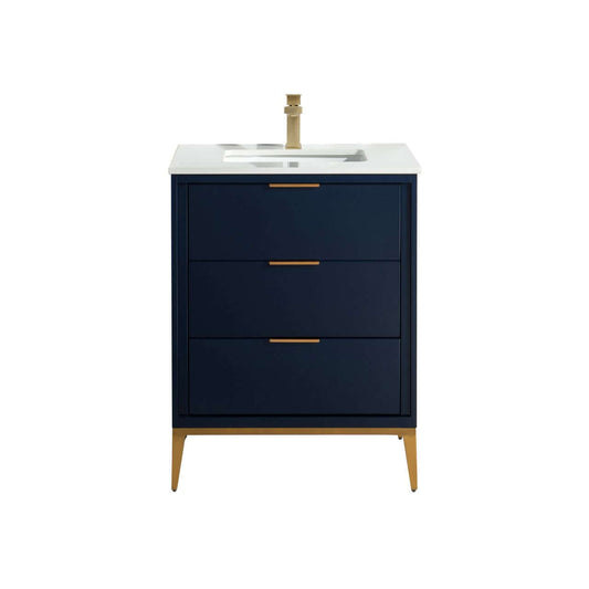 Divani 24'' Gloss Blue Vanity W/ Quartz Counter Top (Back Splash Free)