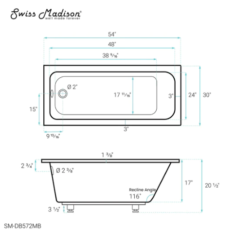 Voltaire 54"x30" Reversible Drain Drop-In Bathtub in Matte Black