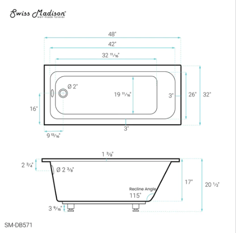 Voltaire 48" x 32" Reversible Drain Drop-In Bathtub