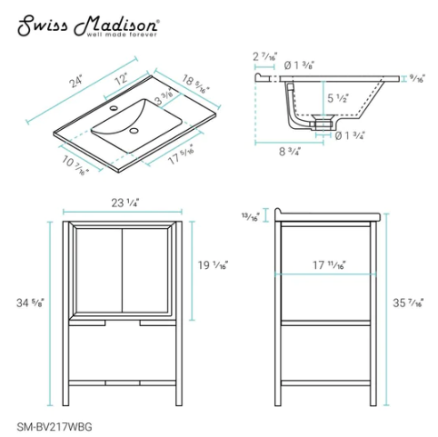 Marseille 24" Bathroom Vanity in White and Brushed Gold