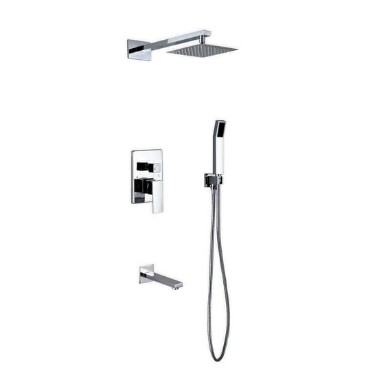 Aqua Piazza brass shower set with 8" square rain shower, tub filler, and handheld shower; modern luxury by KubeBath.