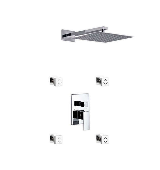 Aqua Piazza Brass Shower Set with 12" Square Rain Shower and 4 Body Jets - Modern Luxury by KubeBath