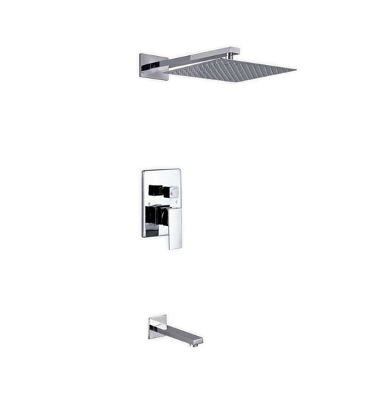 Aqua Piazza Brass Shower Set with 12" Square Rain Shower and Tub Filler, modern luxury from the KubeBath collection with German engineering.