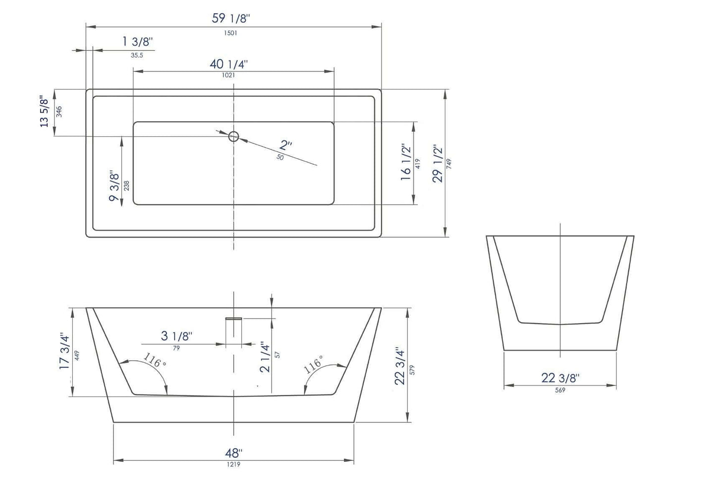 ALFI brand AB8833 59 Inch White Rectangular Free Standing Soaking Bathtub