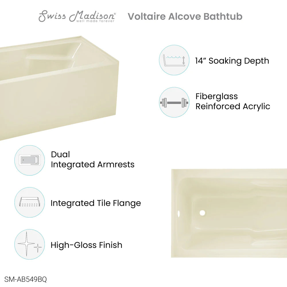 Voltaire 54" X 30" Left-Hand Drain Alcove Bathtub with Apron in Bisque