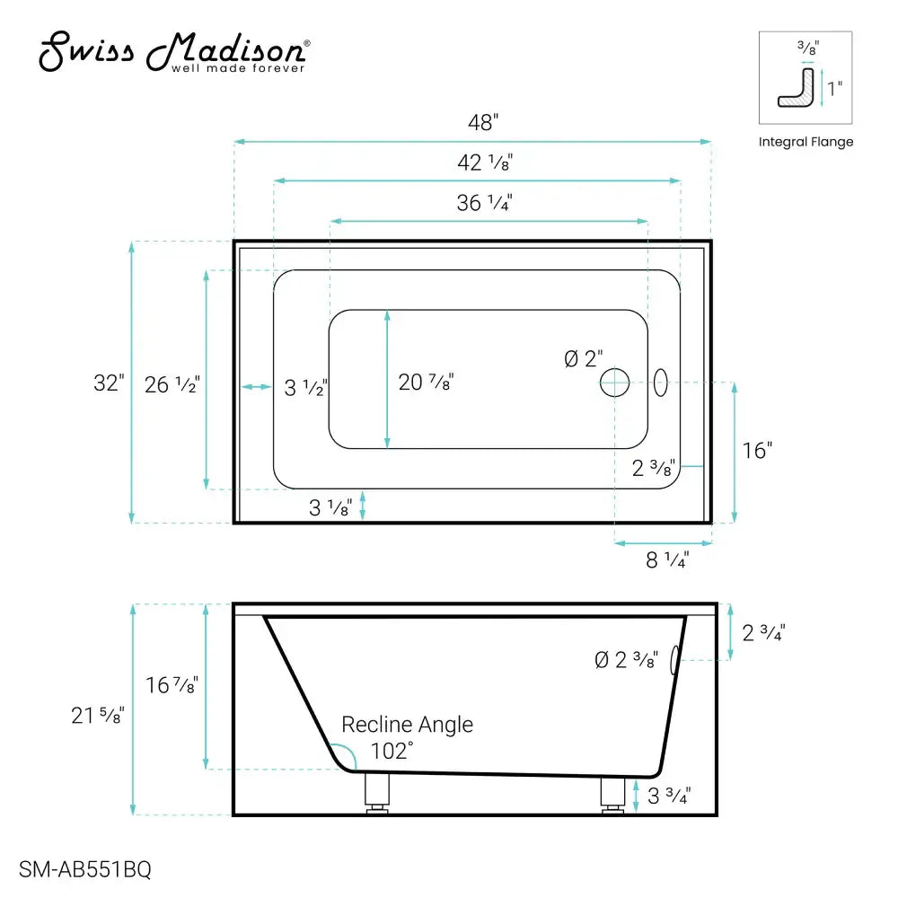Voltaire 48" X 32" Left-Hand Drain Alcove Bathtub with Apron in Bisque