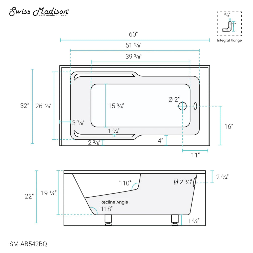 Voltaire 60" X 32" Left-Hand Drain Alcove Bathtub with Apron in Bisque