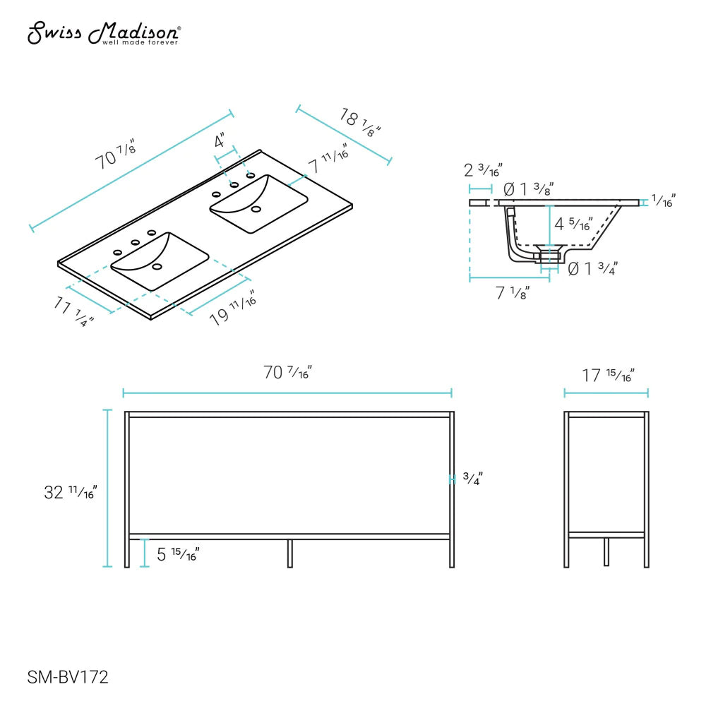 Pierre 72 Double, Freestanding, Open Shelf, Matte Black Metal Frame Bathroom Vanity