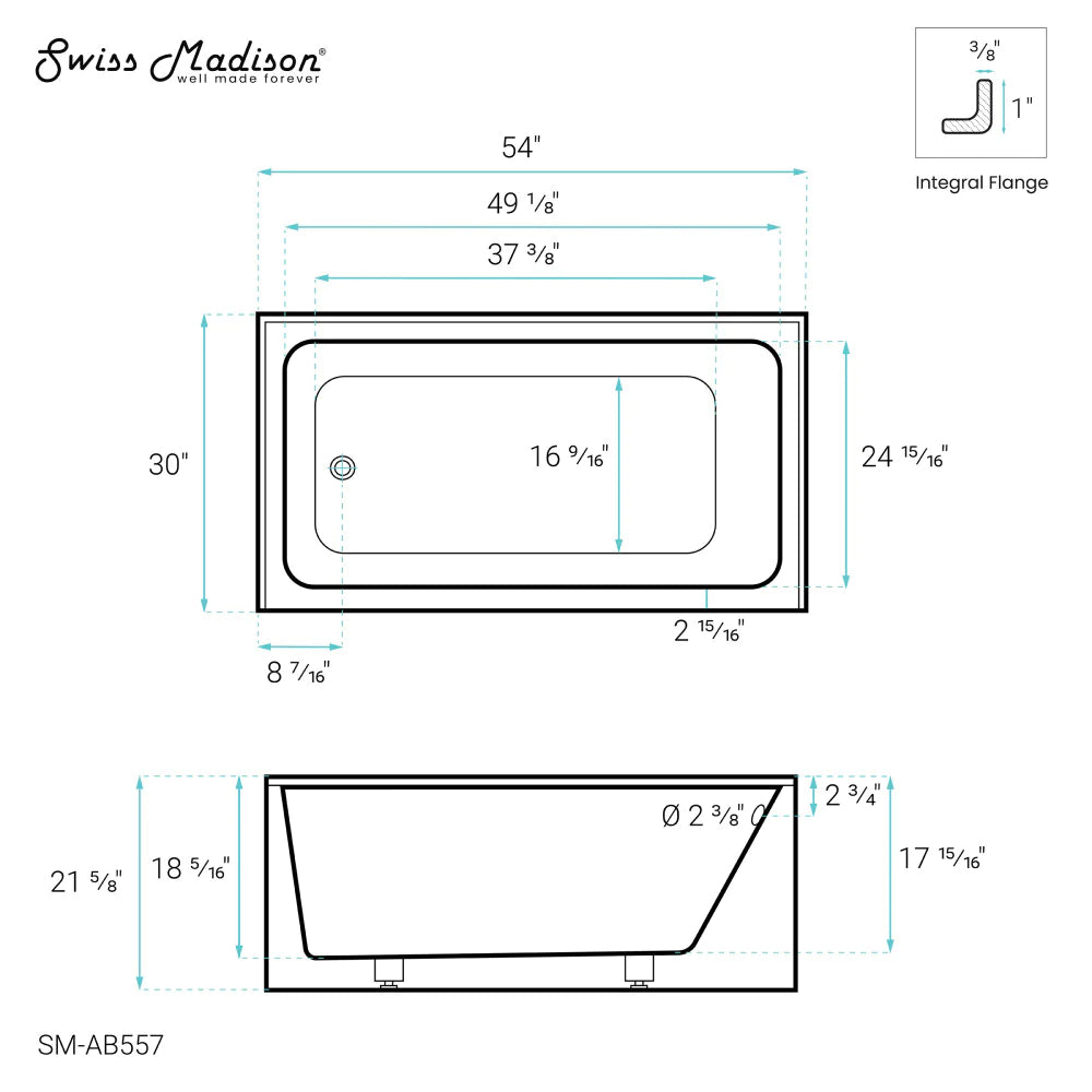 Voltaire 54" X 30" Left-Hand Drain Alcove Bathtub with Apron