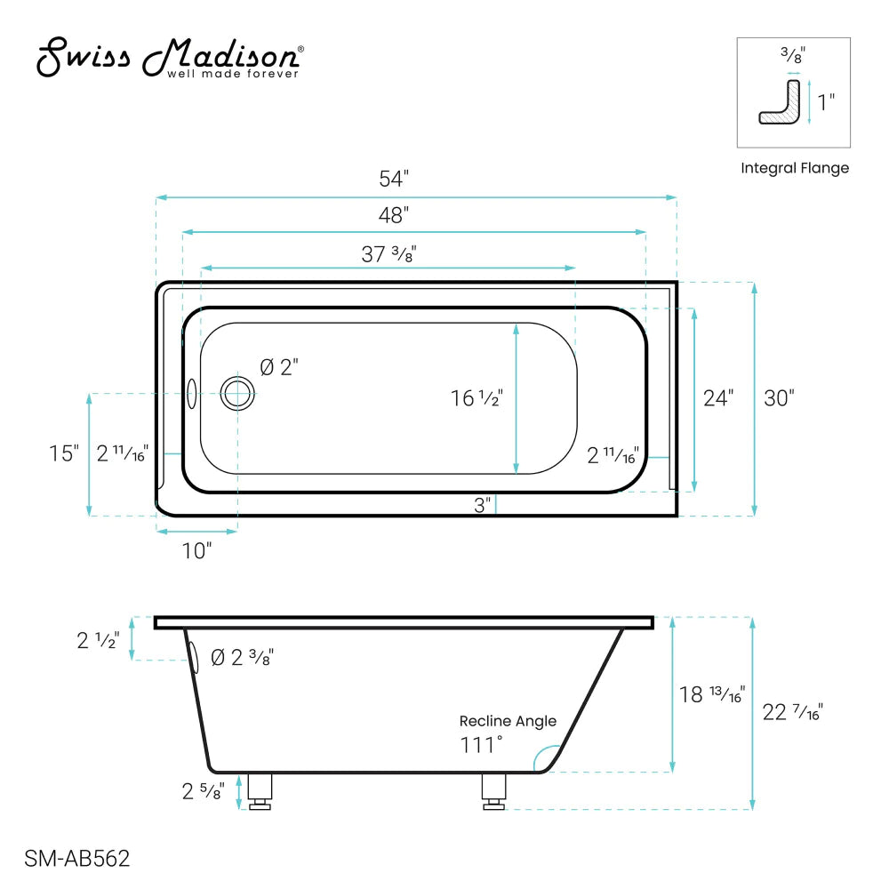 Voltaire 54 in x 30 in Acrylic Glossy White, Alcove, Integral Left-Hand Drain, Bathtub