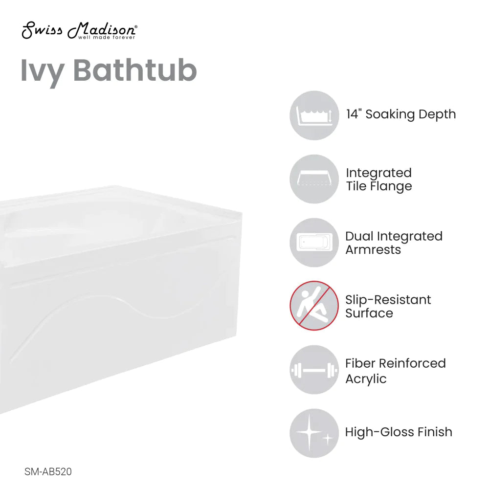 Ivy 54'' x 30 Bathtub with Apron Right Hand Drain in White