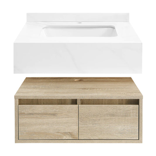 Avancer 24" Wall-Mounted Bathroom Vanity in Calacatta and White Oak