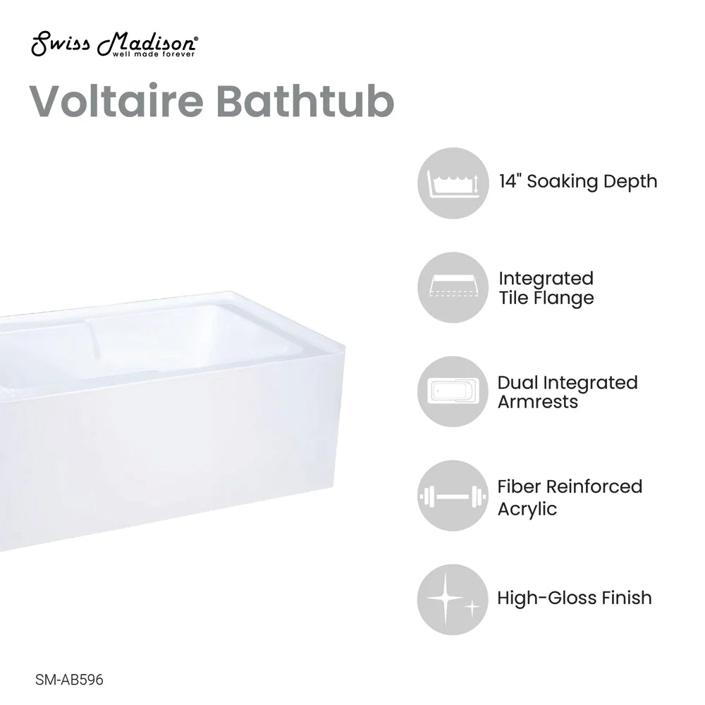 Voltaire 48 x 30" Right-Hand Drain Alcove Integrated Armrest Bathtub with Apron.