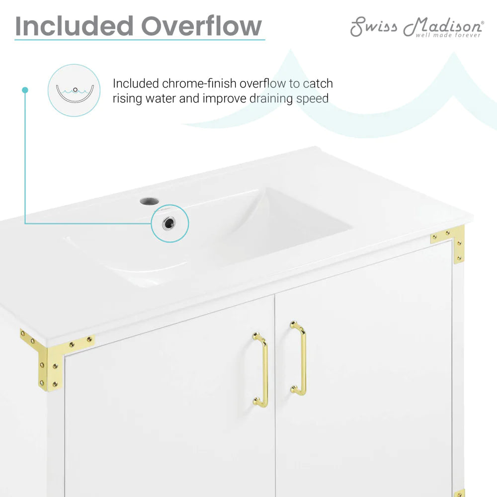 Voltaire 36" Single, Bathroom Vanity in White with Gold Hardware