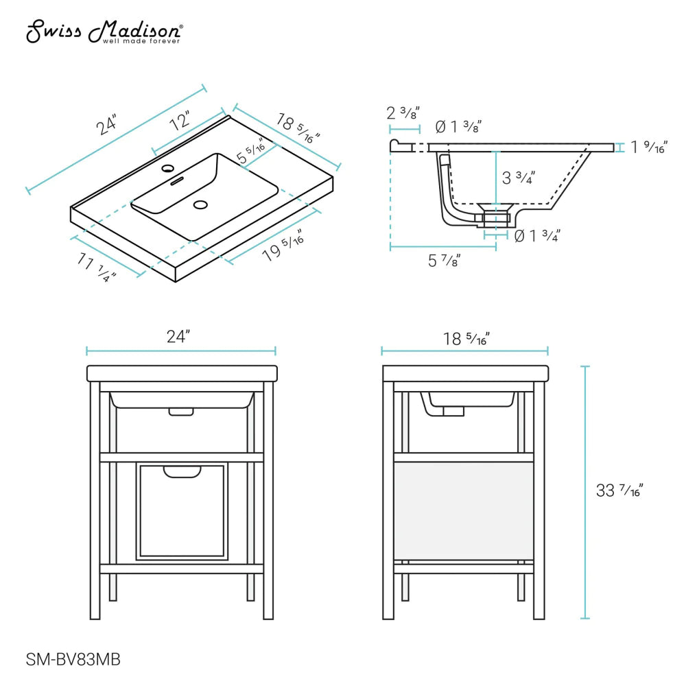Ivy 24" Freestanding Bathroom Vanity in Glossy White with Matte Black Frame