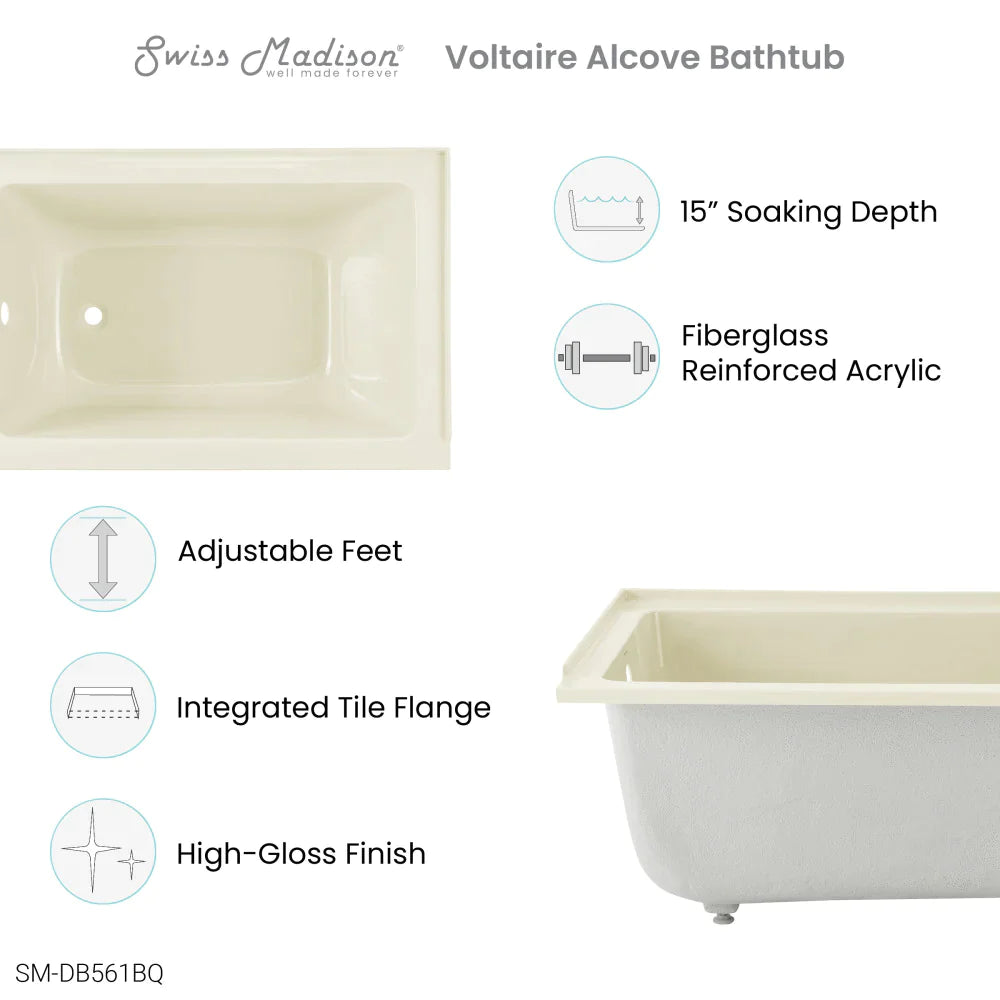 Voltaire 48" X 32" Right-Hand Drain Alcove Bathtub in Bisque