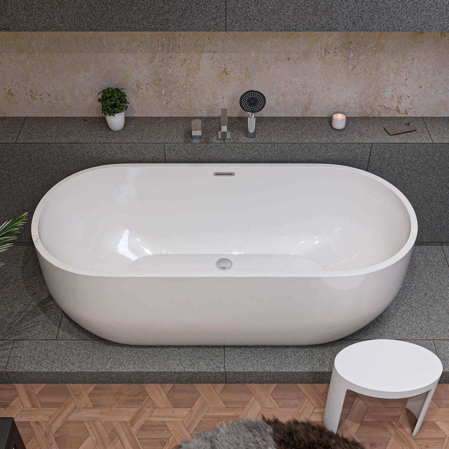 ALFI brand AB8839 67 Inch White Oval Acrylic Free Standing Soaking Bathtub