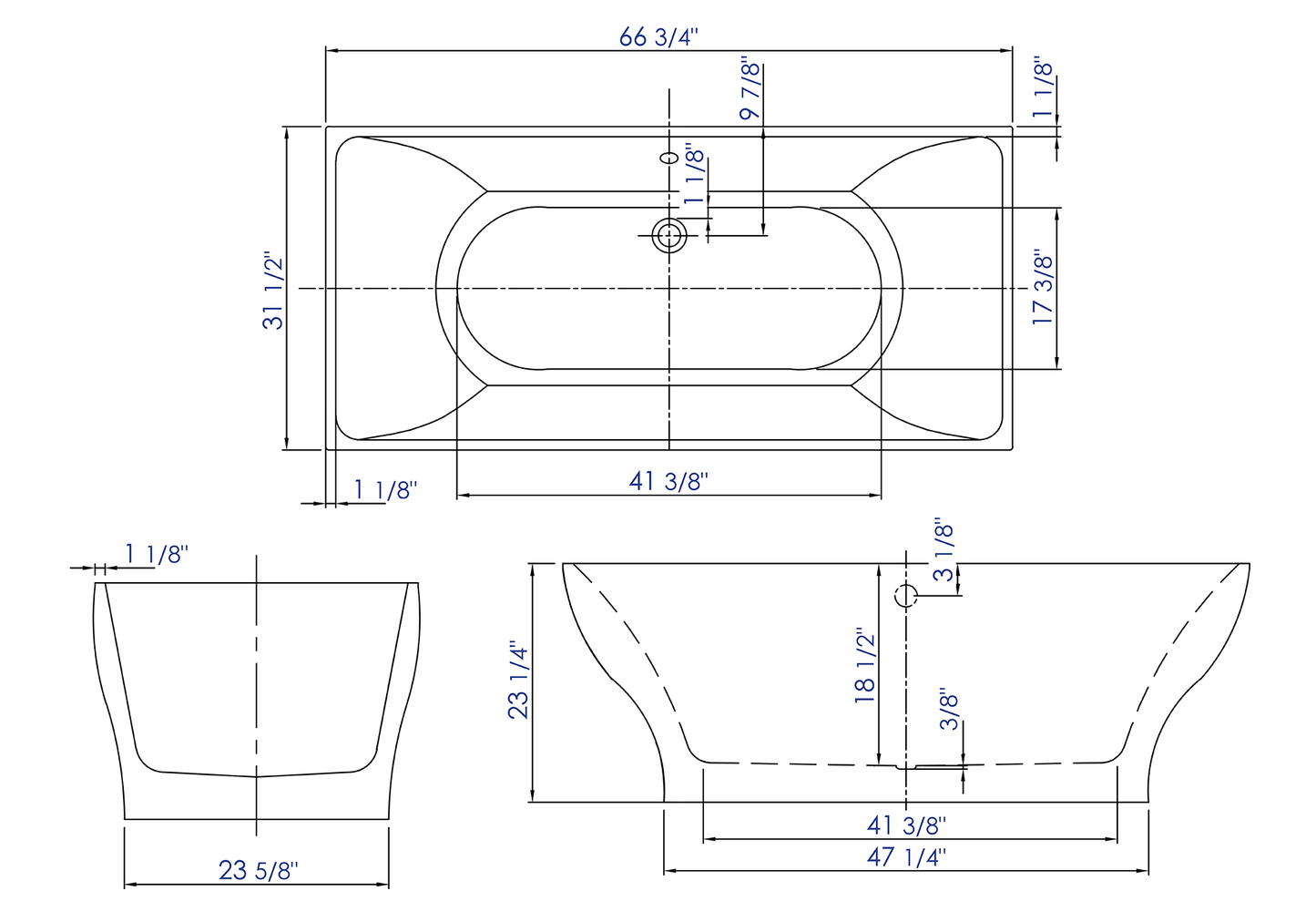 ALFI brand AB8840 67 Inch White Rectangular Acrylic Free Standing Soaking Bathtub